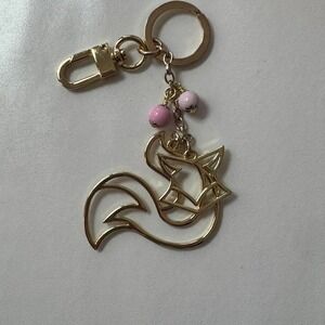 Gold Tone Fox Charm‎ Keychain with Pink Beads and Clip Key Ring Womens